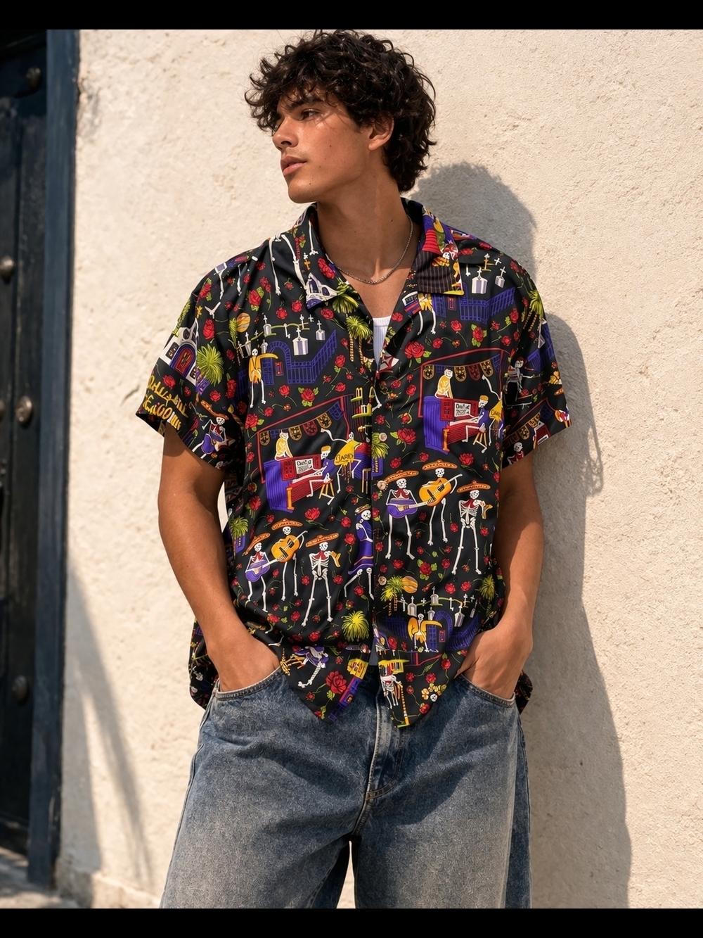 David Carey Originals Shirt Large Skeleton Mariachi Roses Button Up Black